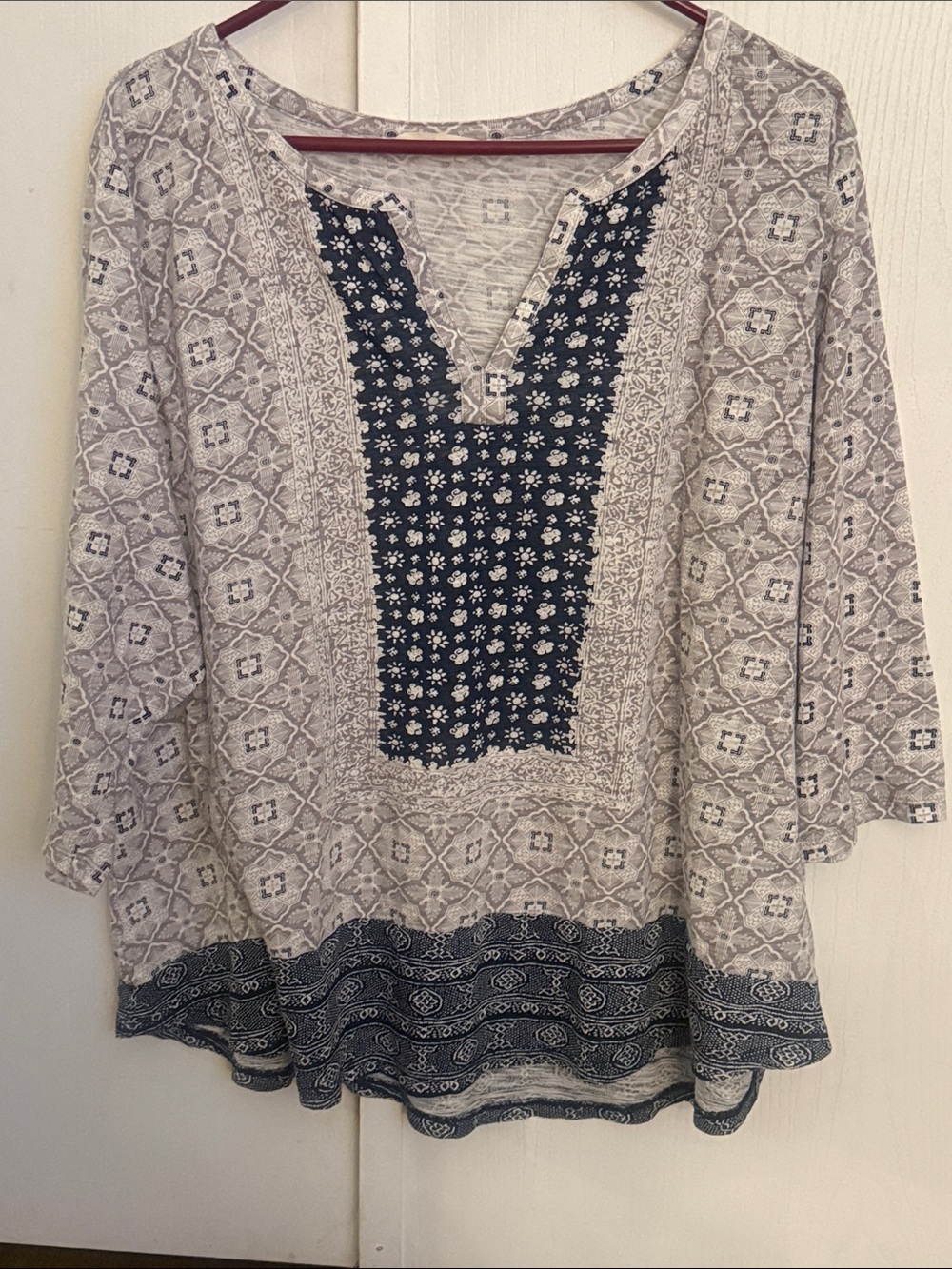 Lucky Brand Womens Top 2X Multicolor 3/4 Sleeve Geometric Boho V Neck Shirt